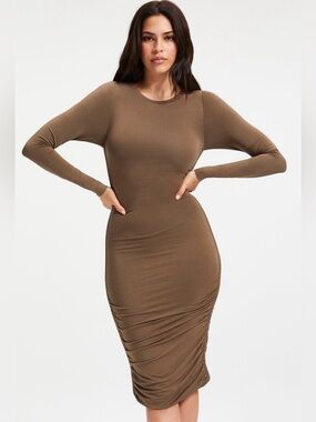 Good American Fog Green Slinky Ruched Long Sleeve Midi Dress